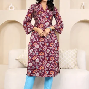 Dark Purple Straight Cotton Kurta with Printed Side Panels