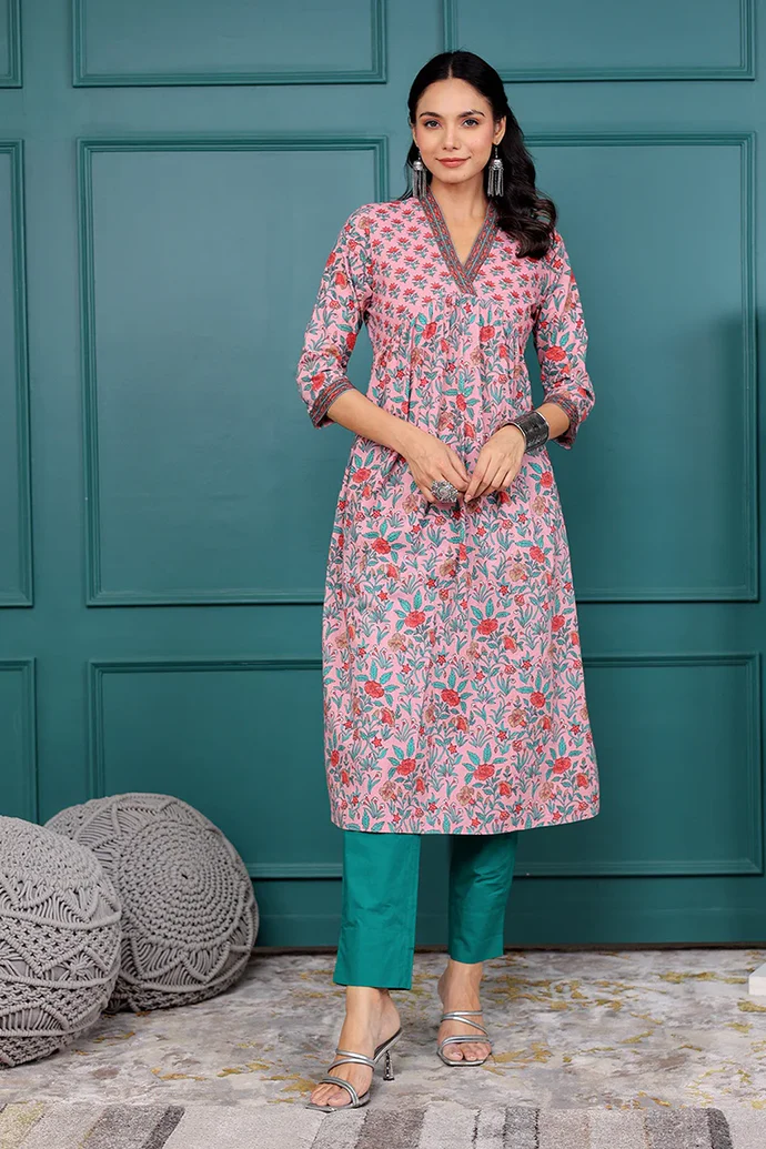 Light Pink Floral Printed V Neck Kurta