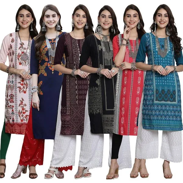 Women's Digital Print Straight Kurta(Pack of 6)