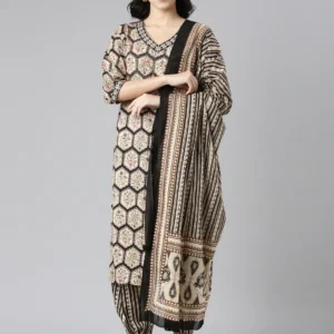 Black Jaipuri Cotton Straight Printed Kurta Pant and Dupatta Set