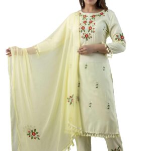 Beige Rayon Straight Embroidered Kurta Set