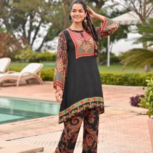Black Jaipuri Cotton Straight Printed Kurta Pant Suit Set
