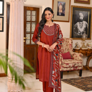 Dark Red Hand Block Printed Long Dress