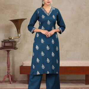 Navy Blue Rayon A Line Embroidered Kurta