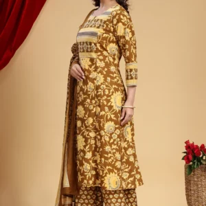 Mehandi Green Jaipuri Cotton Straight Printed Kurta Pant Suit Set