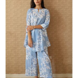 Sky blue  Jaipuri Cotton Straight Printed Kurta Pant Suit Set