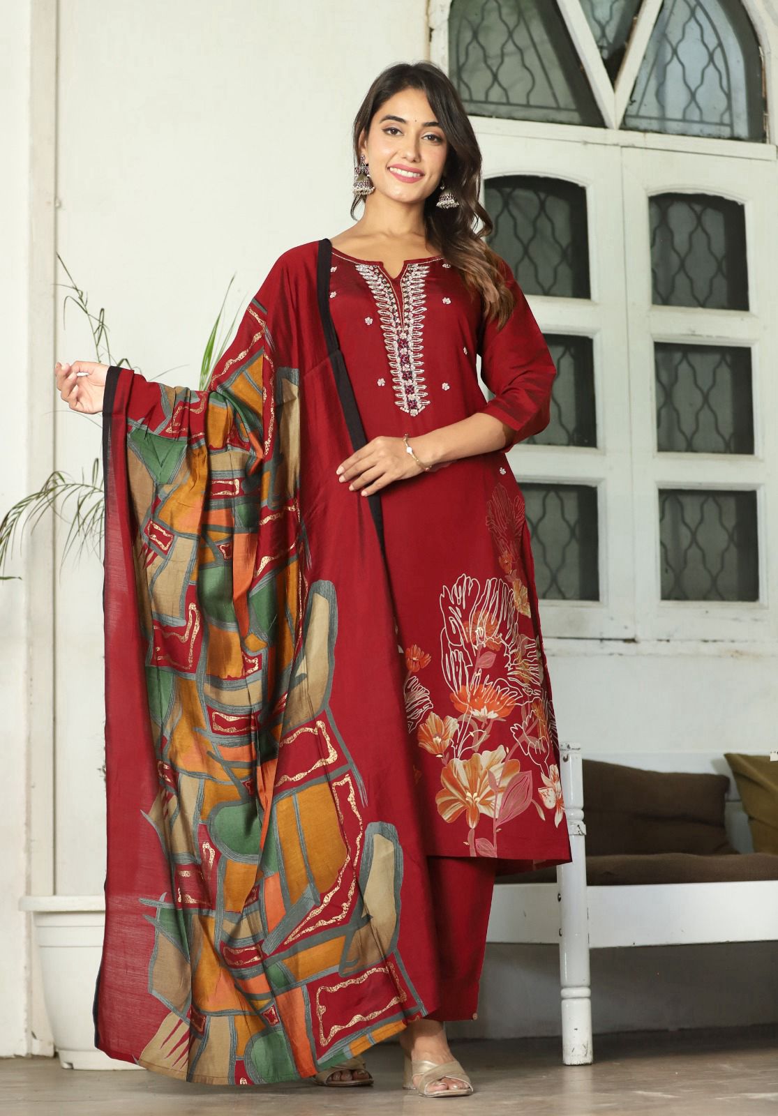 Heavy maslin fabric with handwork three-pc digital printing dupatta set
