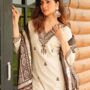 Hanshita Off White Cotton A Line Front Open Kurtis