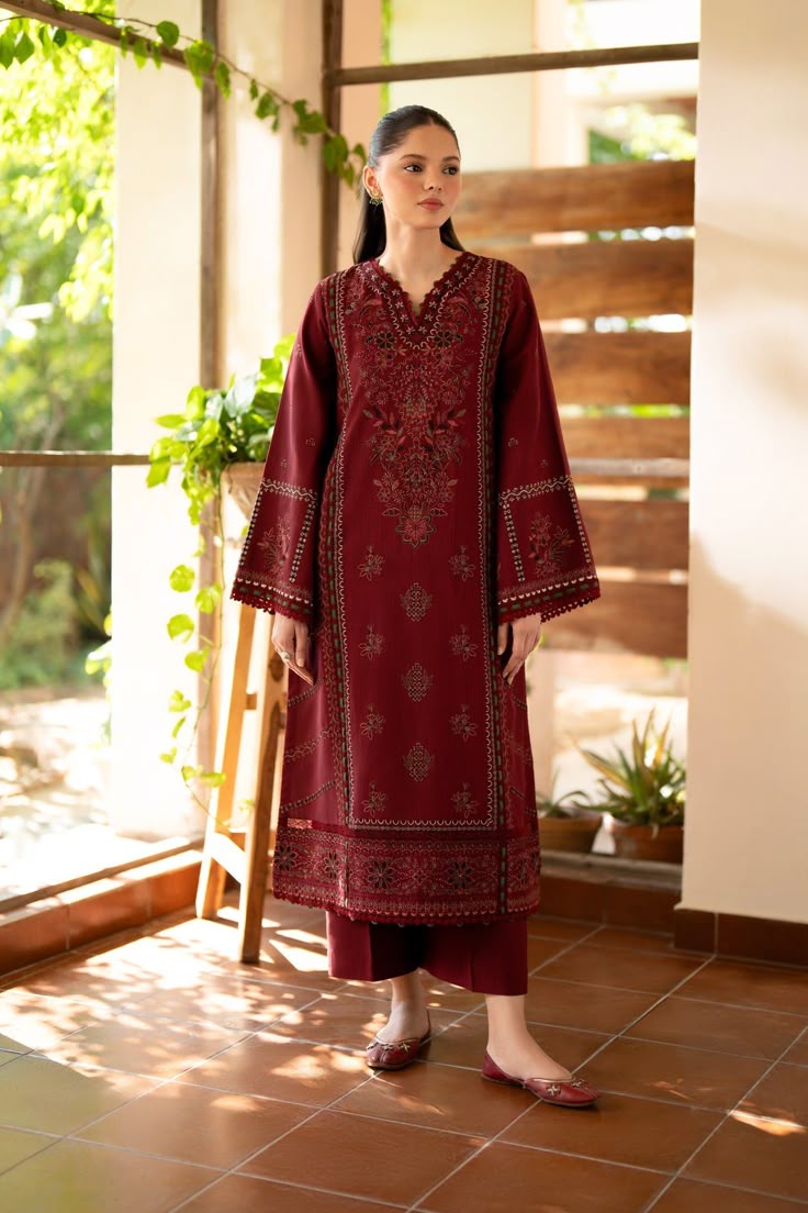 Red Floral Printed V Neck Kurta