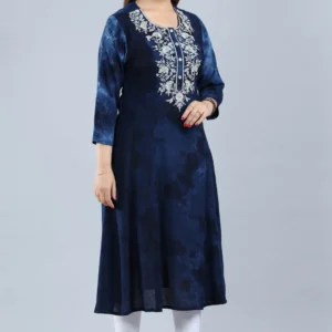 Navy Blue Rayon A Line Embroidered Kurta