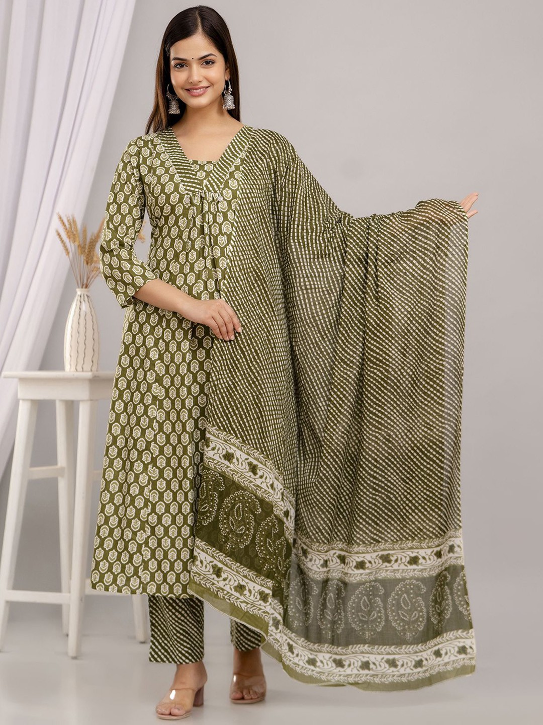 Women’s Cotton Printed Anarkali Kurta Pant and Dupatta Set - Image 5