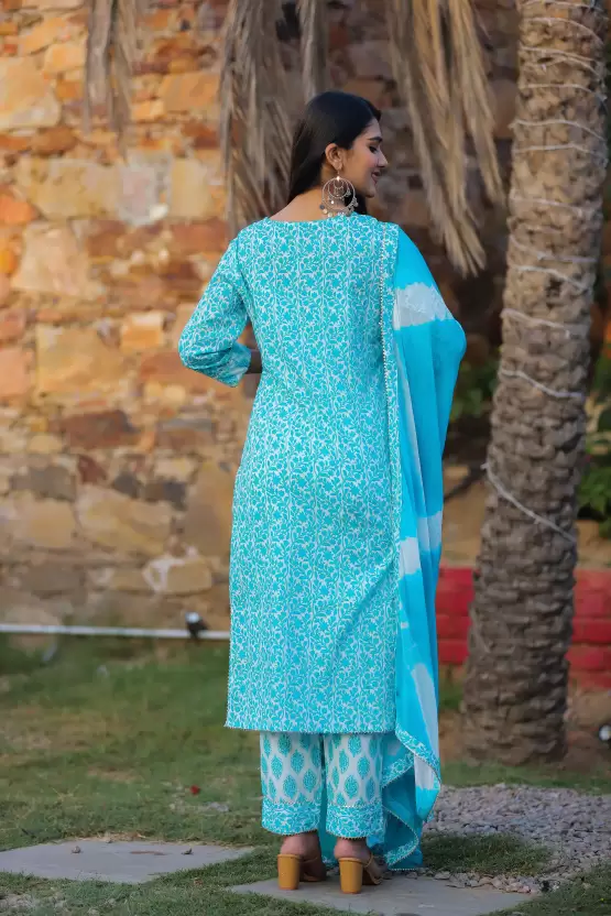 Women's Cotton Printed Embroidery Kurta Pant and Dupatta Set - Image 5