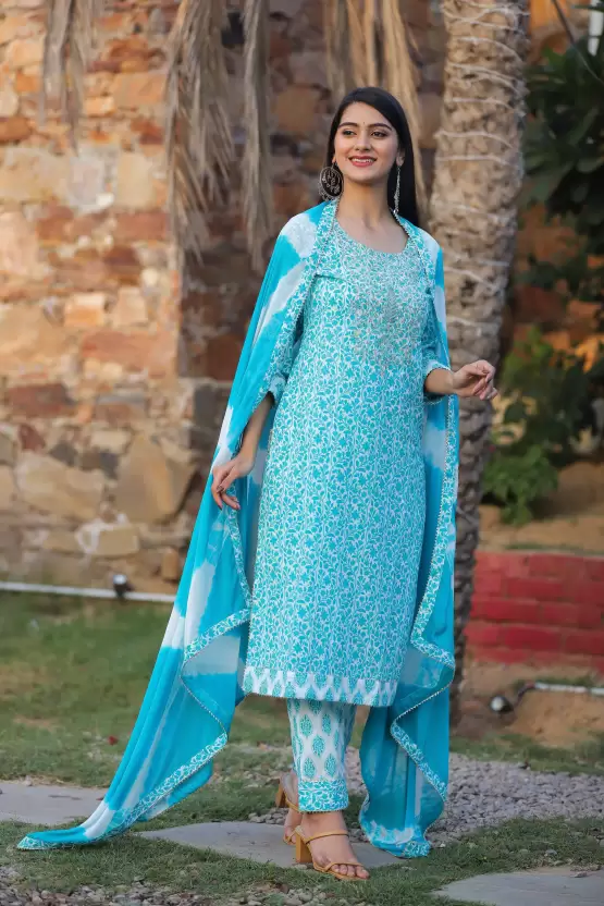Women's Cotton Printed Embroidery Kurta Pant and Dupatta Set - Image 4