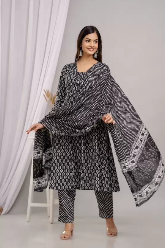 Women’s Cotton Printed Anarkali Kurta Pant and Dupatta Set - Image 7