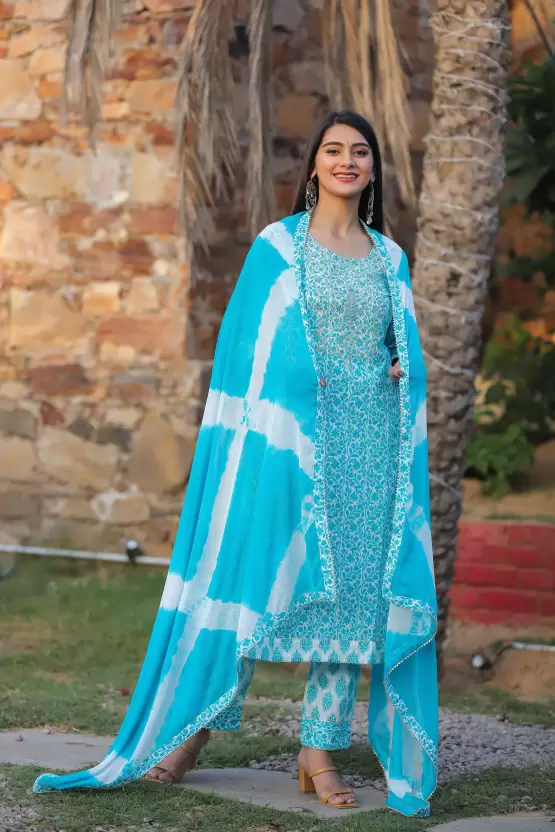 Women's Cotton Printed Embroidery Kurta Pant and Dupatta Set - Image 3