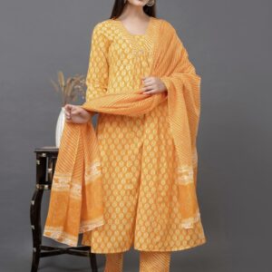 Women’s Cotton Printed Anarkali Kurta Pant and Dupatta Set