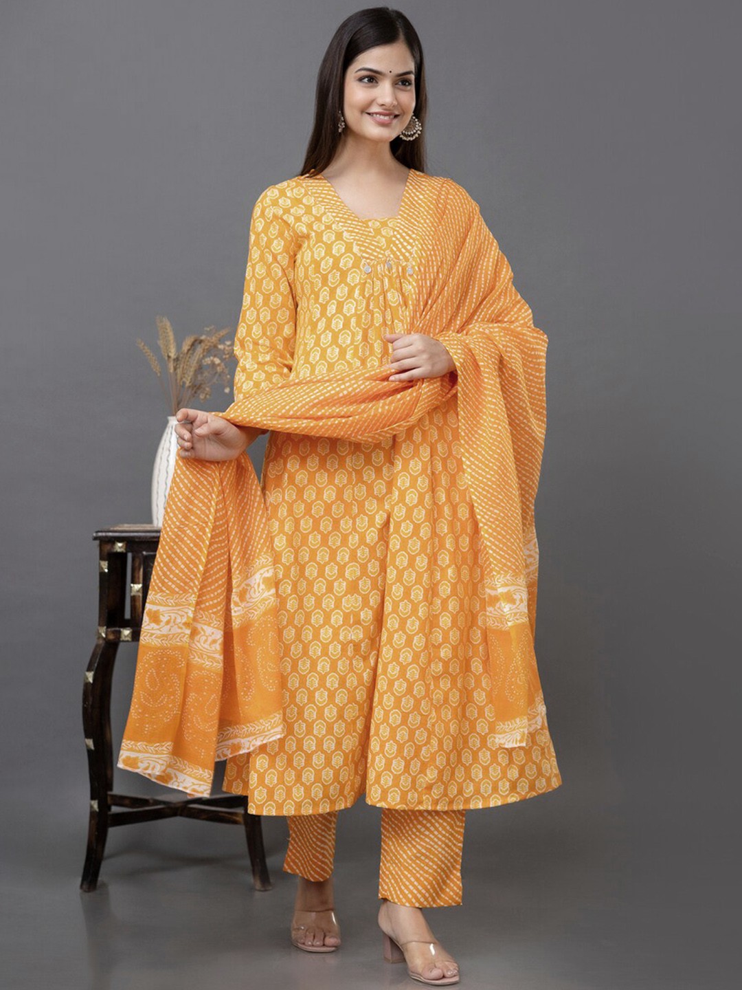 Women’s Cotton Printed Anarkali Kurta Pant and Dupatta Set