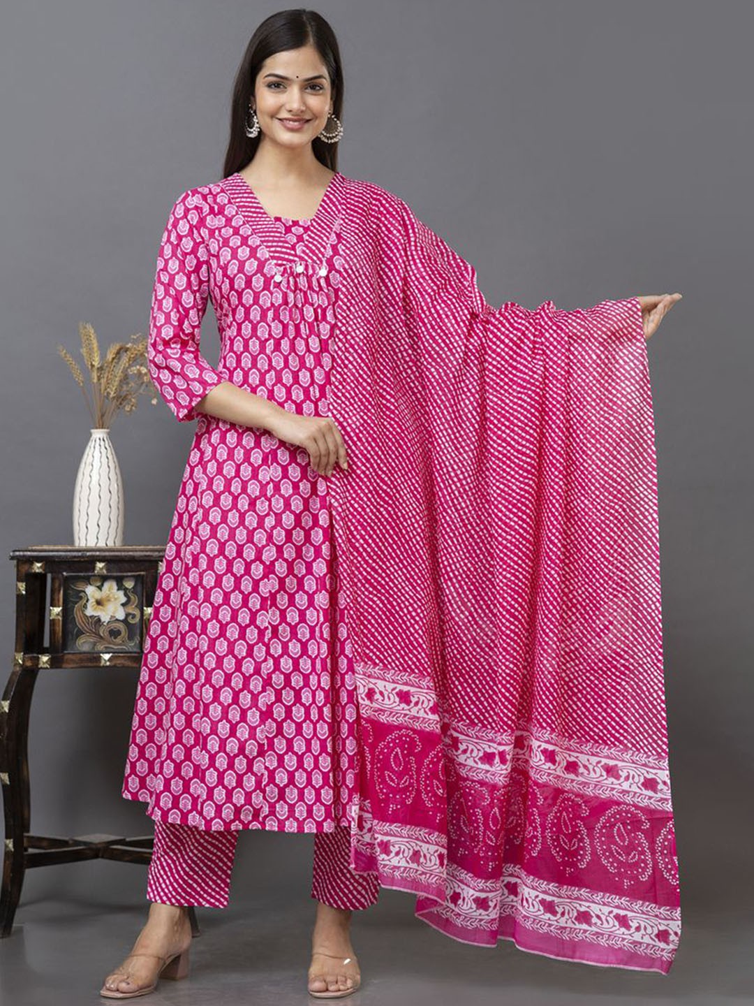 Women’s Cotton Printed Anarkali Kurta Pant and Dupatta Set - Image 2