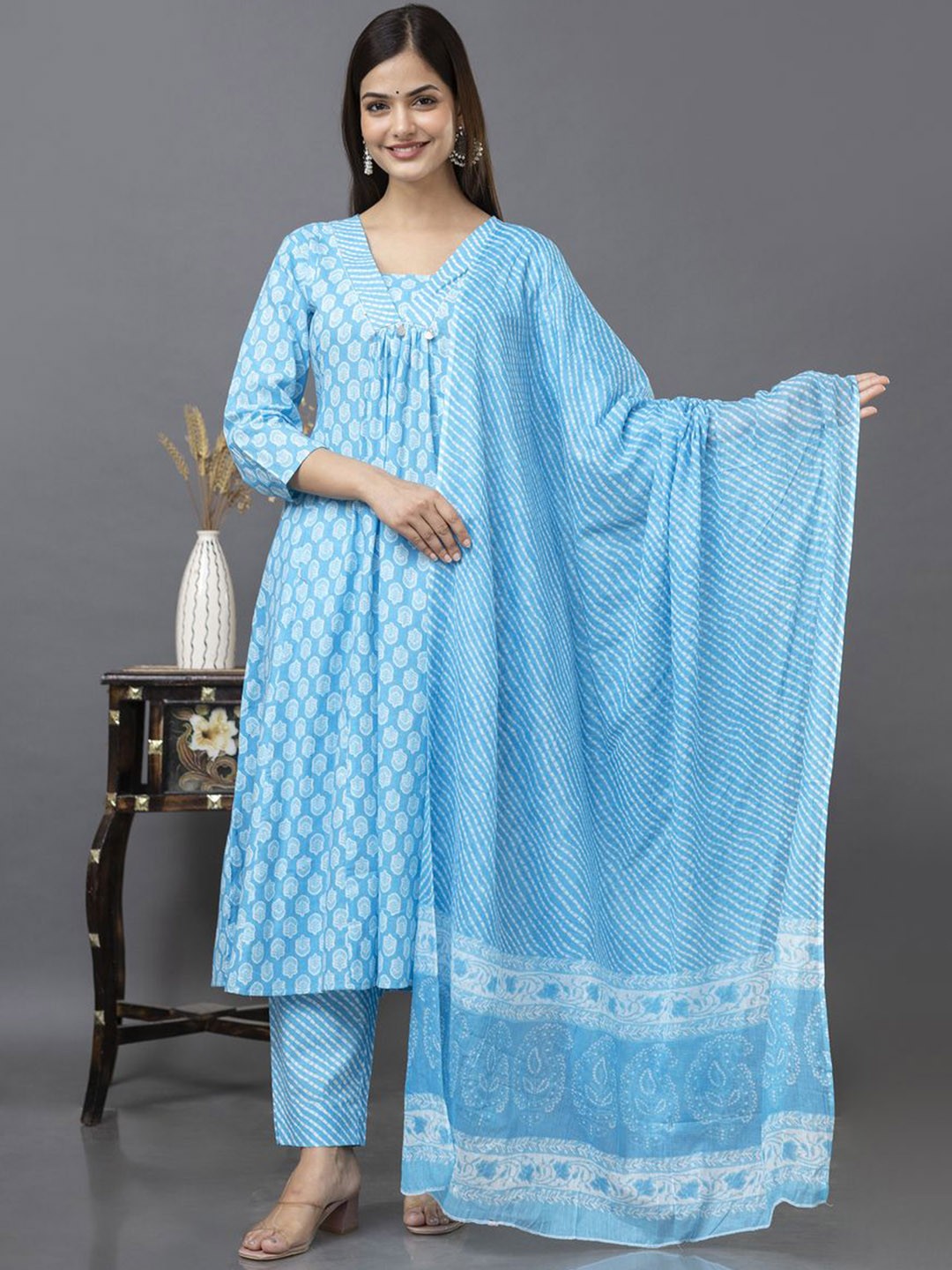 Women’s Cotton Printed Anarkali Kurta Pant and Dupatta Set - Image 3