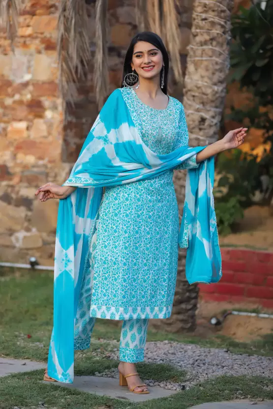 Women's Cotton Printed Embroidery Kurta Pant and Dupatta Set