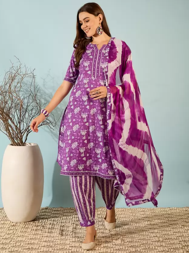 Women's Cotton Printed Kurta Pant and Dupatta Set