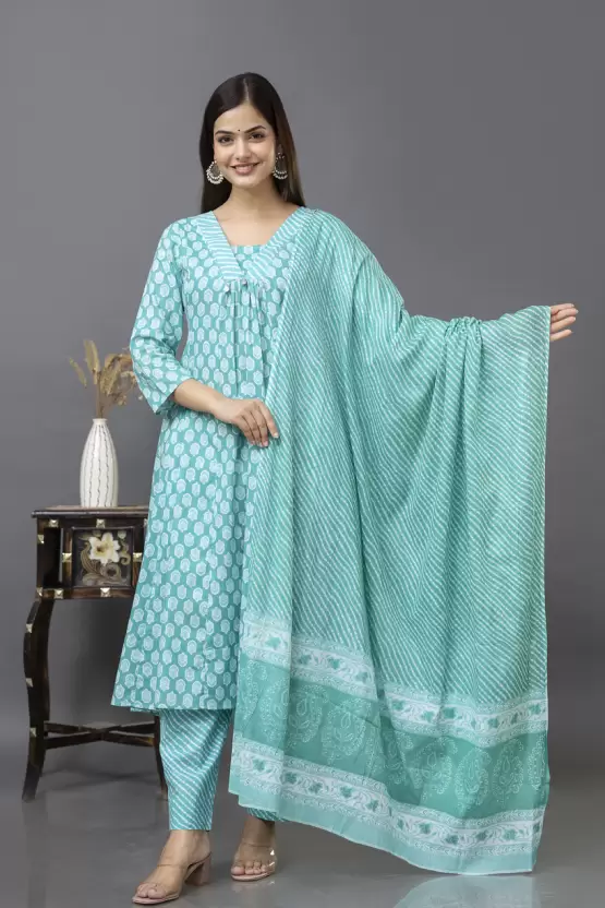 Women’s Cotton Printed Anarkali Kurta Pant and Dupatta Set - Image 4