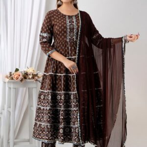 Women’s Cotton Printed Anarkali Kurta Pant and Dupatta Set