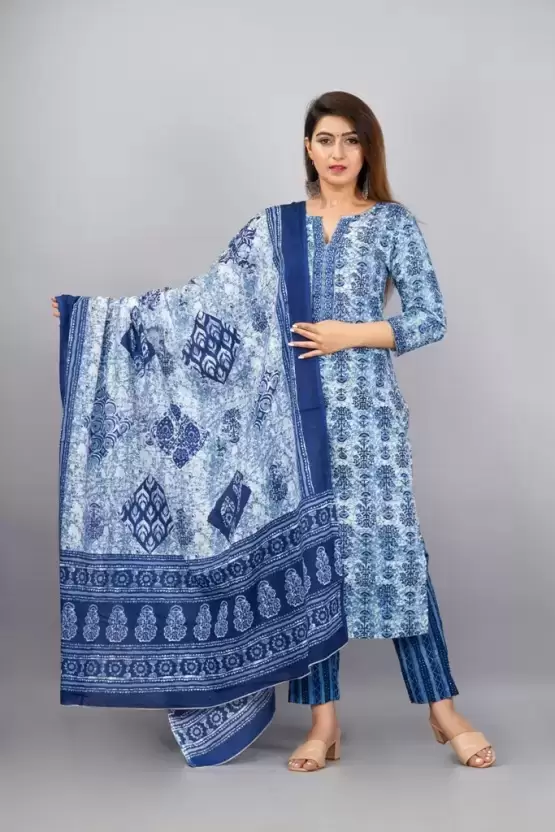 Women’s Cotton Printed Kurta Pant and Dupatta Set