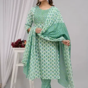 Women's Cotton Printed Kurta Pant and Dupatta Set Fabric: Pure Cotton