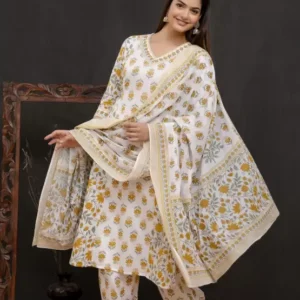 Women’s Cotton Printed Kurta Pant and Dupatta Set