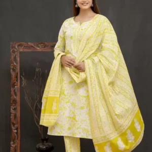 Women’s Cotton Printed Kurta Pant and Dupatta Set