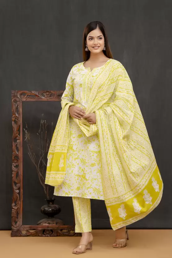 Women’s Cotton Printed Kurta Pant and Dupatta Set