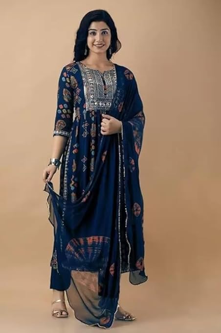 Women’s Rayon Nayra Cut Embroidery Kurta Pant and Dupatta