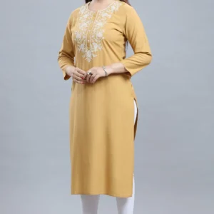 Beige Rayon Straight Embroidered Kurta