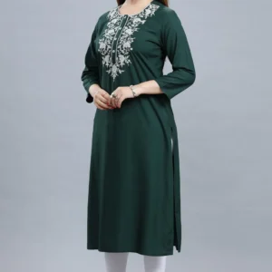Green Rayon Straight Embroidered Kurta