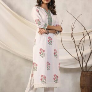Hanshita Off White Cotton A Line Front Open Kurtis