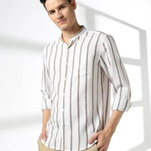 Men 06 Striped Regular Fit Shirt with Patch Pocket For Men (Khaki, 46)